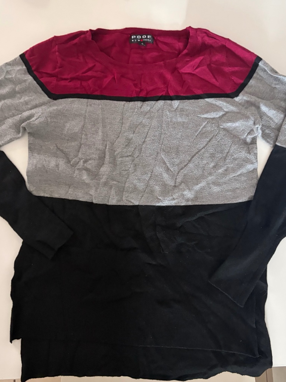 Women's Colorblock Crewneck Sweater - Burgundy, Gray, Black